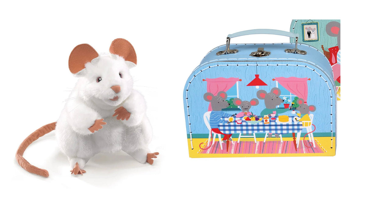 Folkmanis White Mouse Hand Puppet in a Mouse Suitcase (Pre - Order, in approx mid August) - Little Whispers