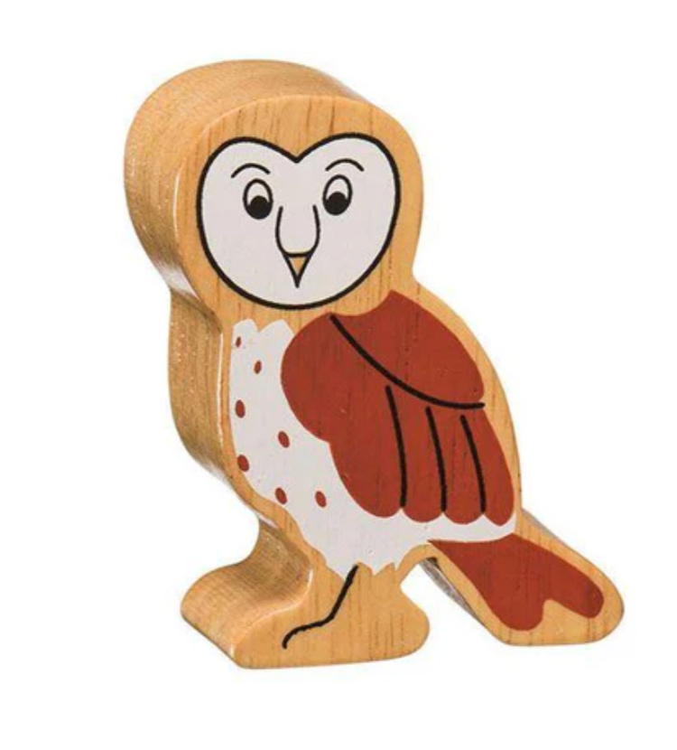Wooden owl figurine with a white face and brown body on a white background