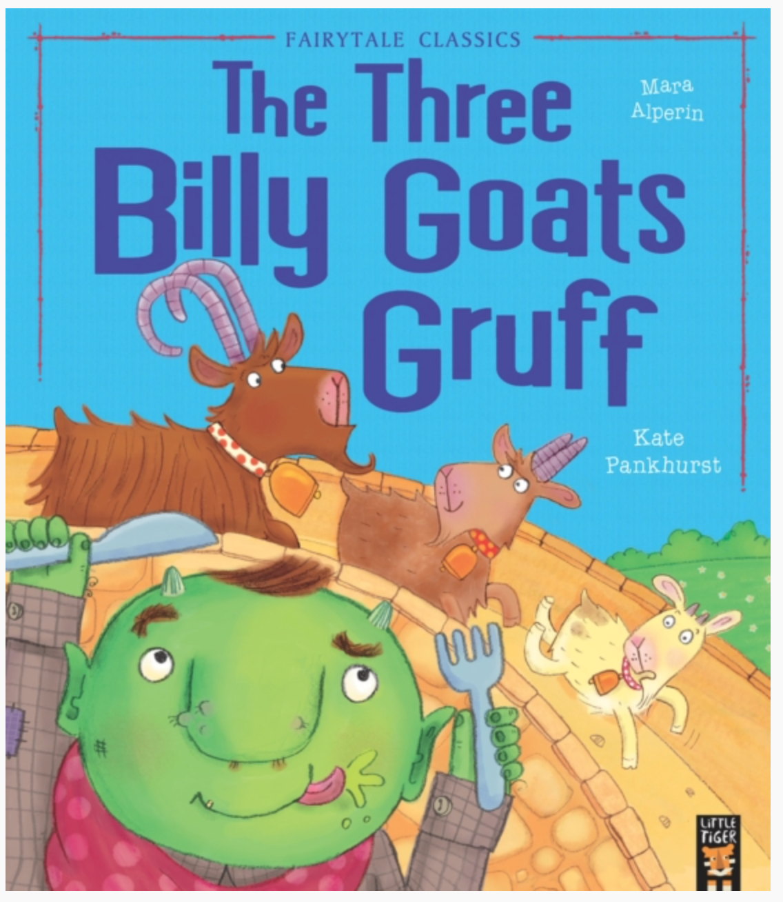 Book cover of 'The Three Billy Goats Gruff' with cartoon characters on a blue background