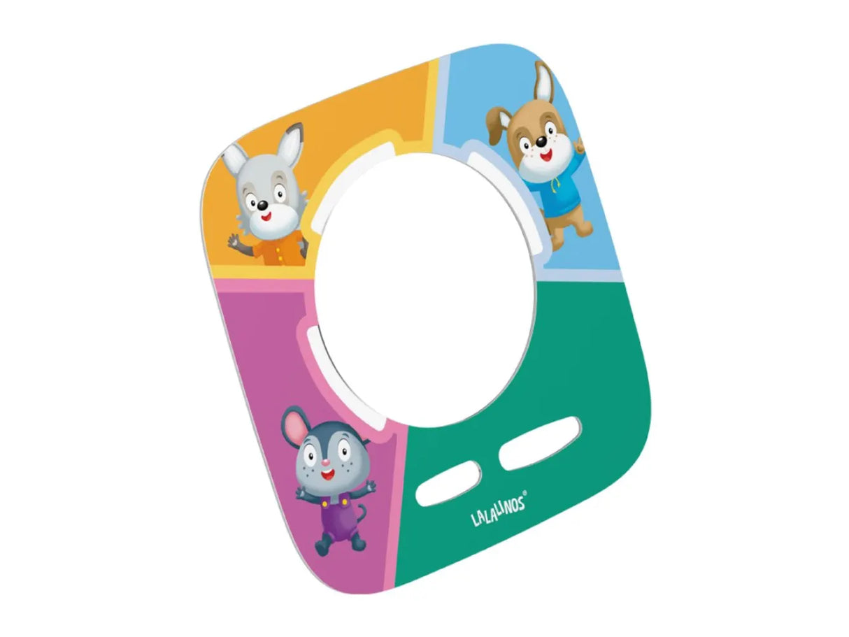 Colorful children's potty seat with cartoon characters on a white background