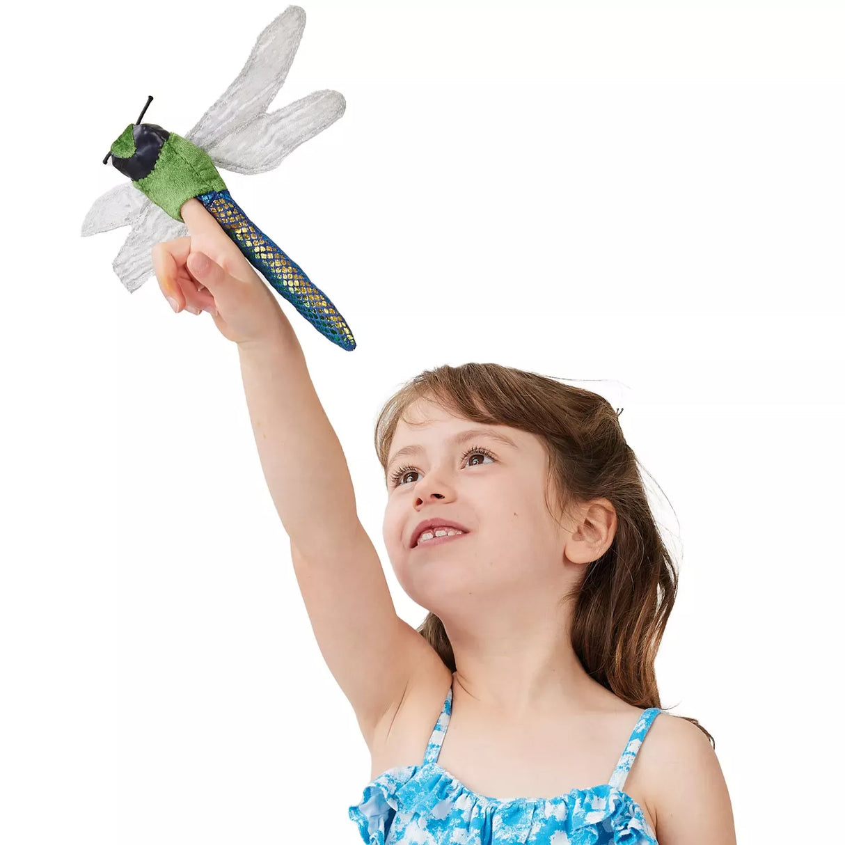 Folkmanis Dragonfly Finger Puppet on a girls finger