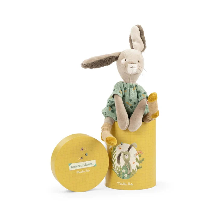 Moulin Roty Sauge the rabbit on top of a box