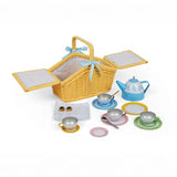 Children's picnic set with a suitcase, plates, cups, and food items on a white background