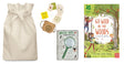 Nature exploration kit with drawstring bag, magnifying glass, and book titled 'Go Wild in the Woods'.