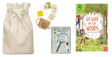 Nature exploration kit with drawstring bag, magnifying glass, and book titled 'Go Wild in the Woods'.