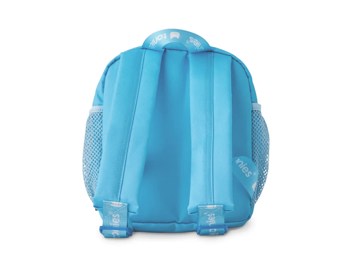Blue backpack with mesh side panels on a white background