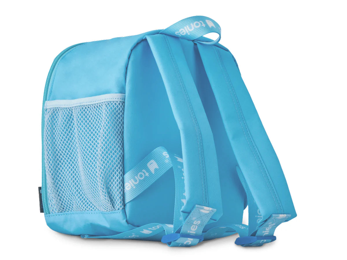 Blue backpack with a mesh pocket on a white background