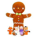 Plush gingerbread man with four animal characters on a white background
