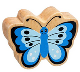 Lanka Kade Wooden butterfly toy with blue design on a white background