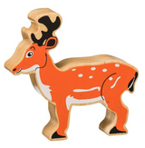 Wooden deer figure with orange body, black antlers, and white spots on a white background