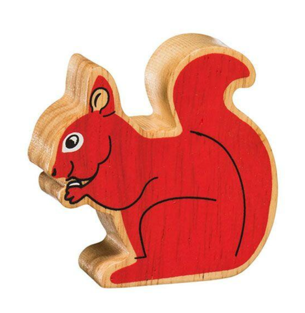 Wooden toy squirrel with red body and beige tail on a white background