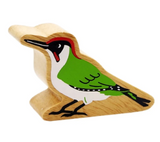 Wooden bird figurine with green body and black accents on a white background