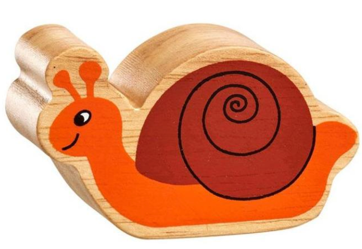 Wooden snail toy with orange body and brown shell on a white background