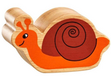 Wooden snail toy with orange body and brown shell on a white background