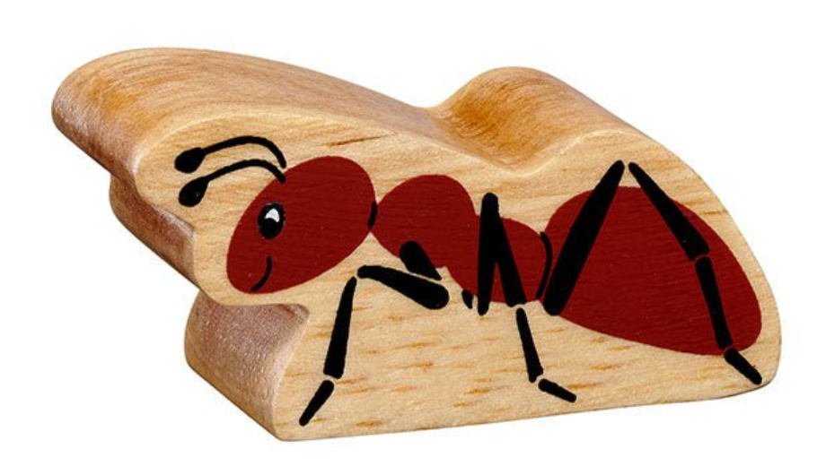 Wooden ant toy with red body and black legs on a white background