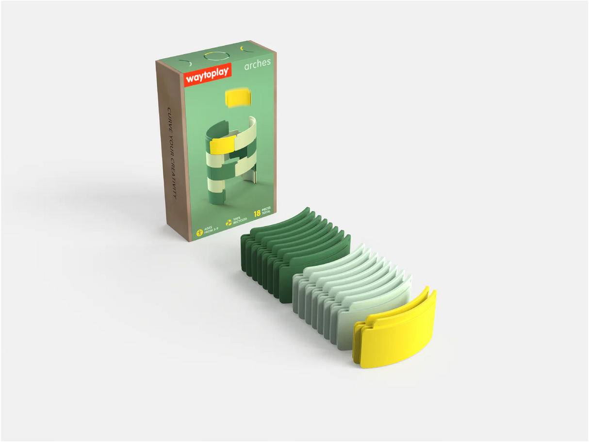 Set of green and yellow geometric shapes with packaging on a white background