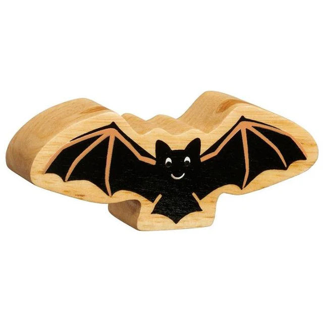 Wooden toy bat with black bat design on a white background