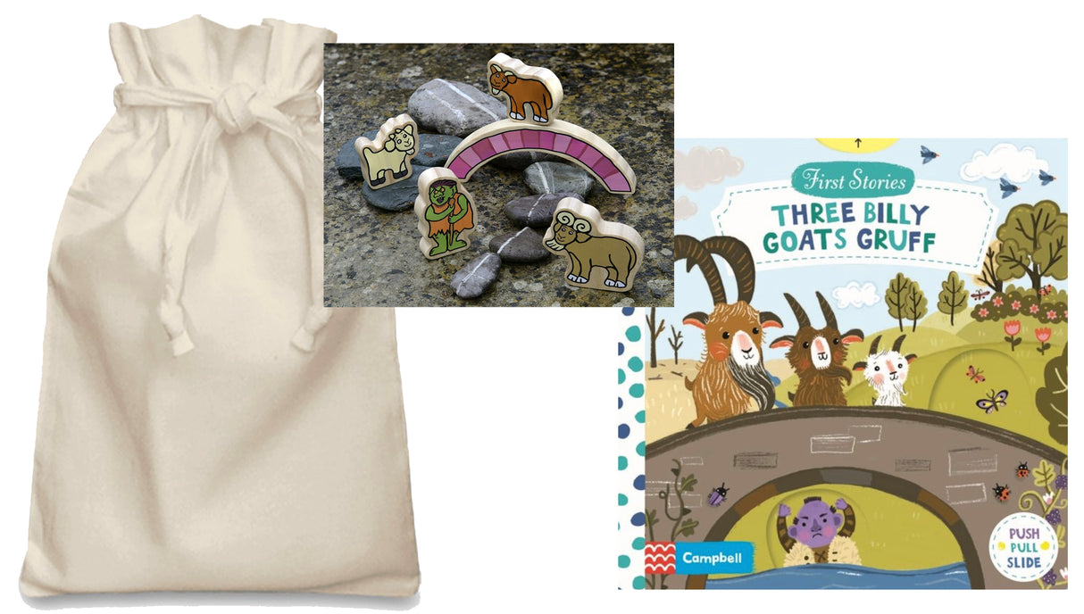 Billy Goats Gruff Story Sack with wooden characters and Board Book