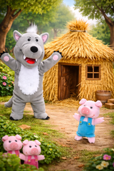 Wolf hand puppet with three pigs finger puppets